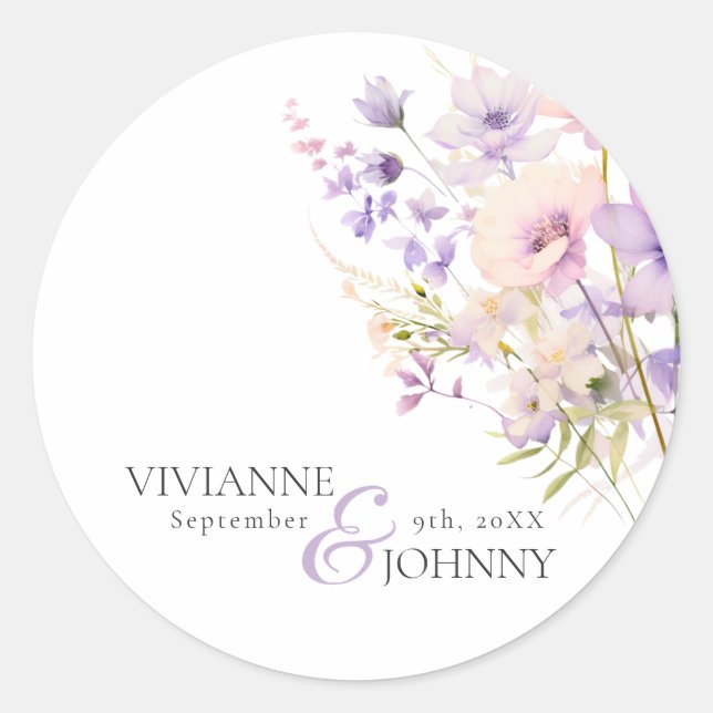 Garden Wildflowers Purple Lavender Purple Wedding Classic Round Sticker (Front)