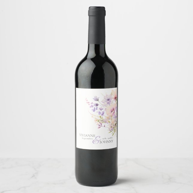 Garden Wildflowers Purple Lavender Purple Wedding Wine Label (Front)
