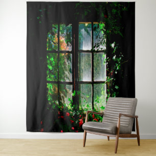 Garden window in black green red tapestry