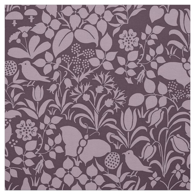 Garden with Birds and Butterflies, Aubergine Fabric (Swatch)