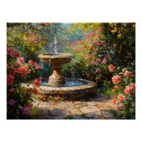 Garden with Blooming Roses and Water Fountain