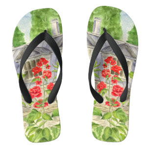 Garden with roses near the house flip flops