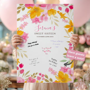 Garden yellow pink floral Sweet 16 Signing Board Poster