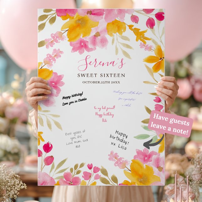 Garden yellow pink floral Sweet 16 Signing Board Poster (Garden yellow pink floral Sweet 16 Signing Board Poster)