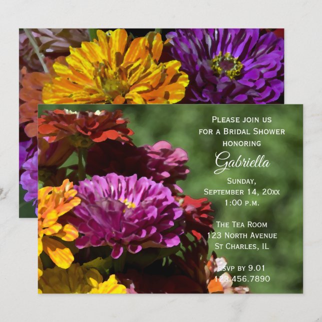 Garden Zinnia Flowers Bridal Shower Invitation (Front/Back)