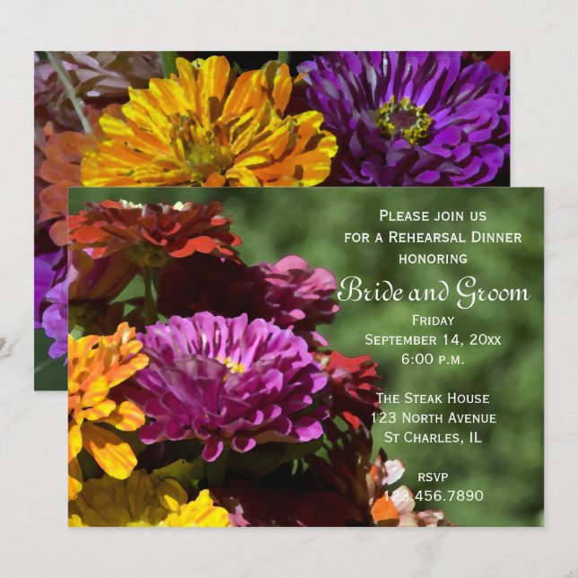 Garden Zinnia Flowers Wedding Rehearsal Dinner Invitation (Front/Back)