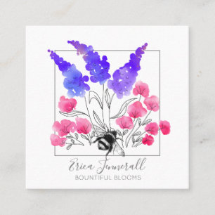 Gardener Gardening Watercolor Flowers And Bee Square Business Card
