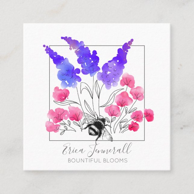 Gardener Gardening Watercolor Flowers And Bee Square Business Card (Front)