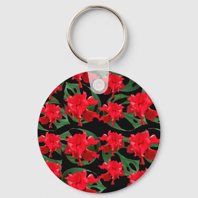 Gardener Hibiscus Monstera Pattern Black  Key Ring (Front)