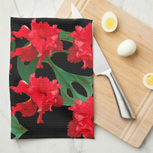 Gardener Hibiscus Monstera Pattern Black  Tea Towel