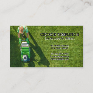 Gardener Mowing Lawn Birds Eye View Business Card