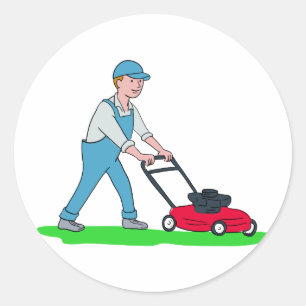 Gardener Mowing Lawn Cartoon Classic Round Sticker