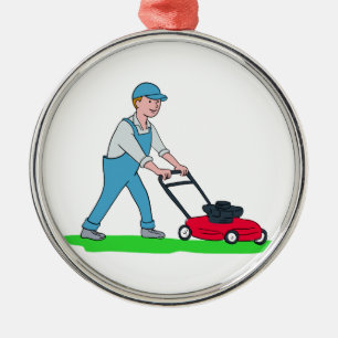 Gardener Mowing Lawn Cartoon Metal Tree Decoration