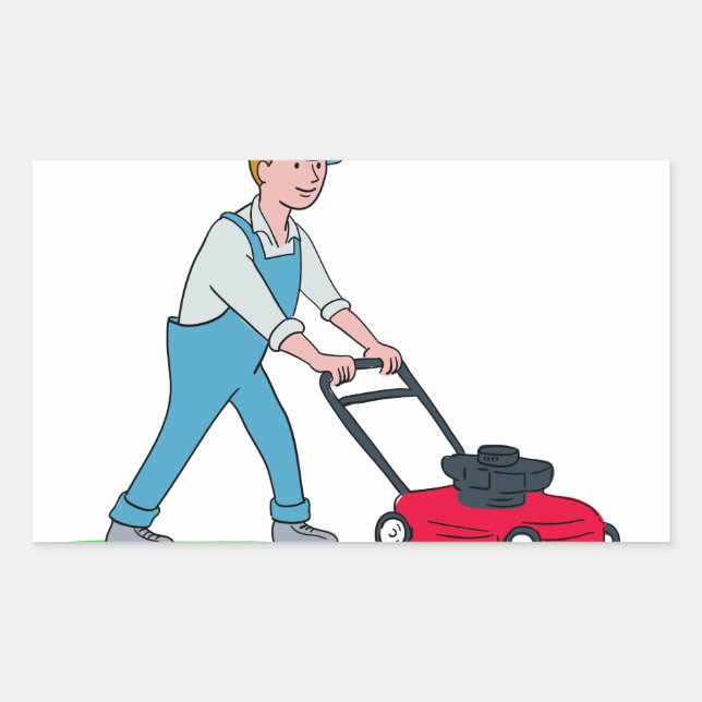 Gardener Mowing Lawn Cartoon Rectangular Sticker (Front)