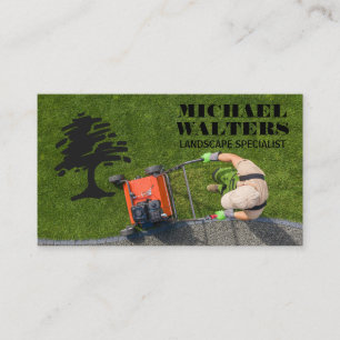Gardener Mowing Lawn Tree Logo Business Card