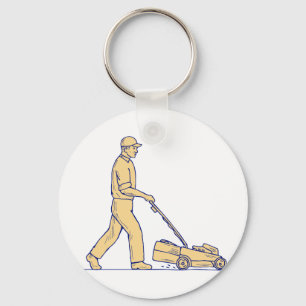 Gardener Mowing Lawnmower Drawing Key Ring