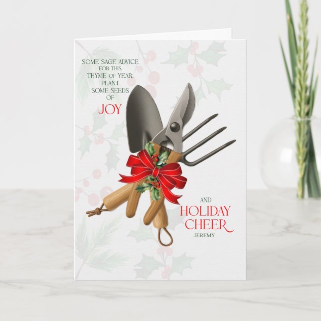 Gardener Sage Advice for Joy and Cheer with Name Holiday Card (Front)