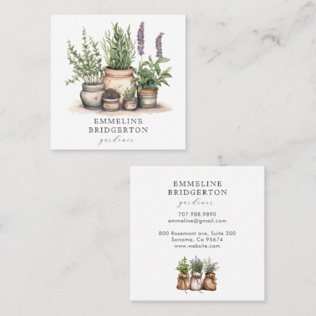 Gardener Watercolor Potted Plants Square Business Card (Front/Back)
