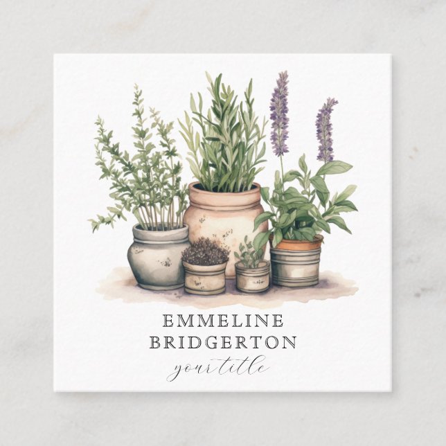 Gardener Watercolor Potted Plants Square Business Card (Front)