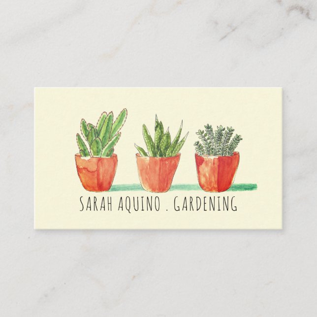 Gardener Watercolor Succulent Plants Rustic Boho Business Card (Front)