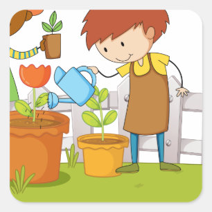 Gardeners planting tree and flower in garden square sticker