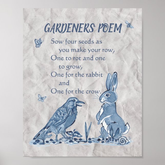 Gardeners' Poem Blue & White Seeds, Rabbit, Crow Poster (Front)
