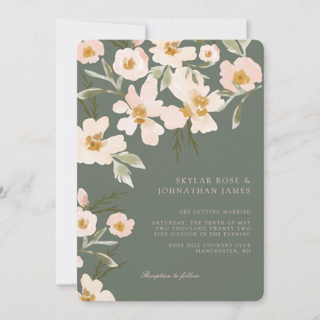Gardenia Blush Watercolor Abstract Floral Green Invitation (Front)