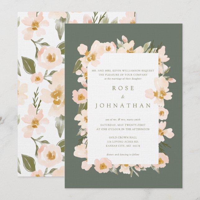 Gardenia Blush Watercolor Abstract Floral Green Invitation (Front/Back)