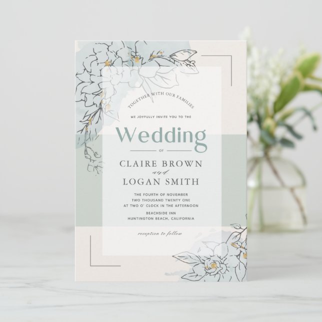 Gardenia Botanical Sage Green Modern Wedding Invitation (Standing Front)