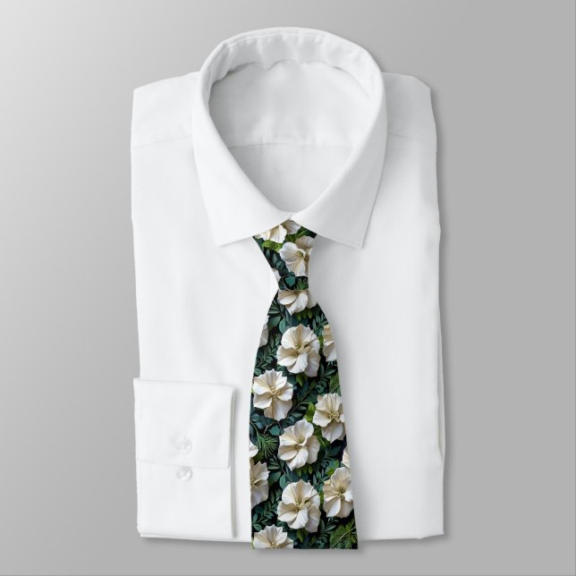 Gardenia & Cedar Leaf Seamless Botanical Pattern Tie (Tied)