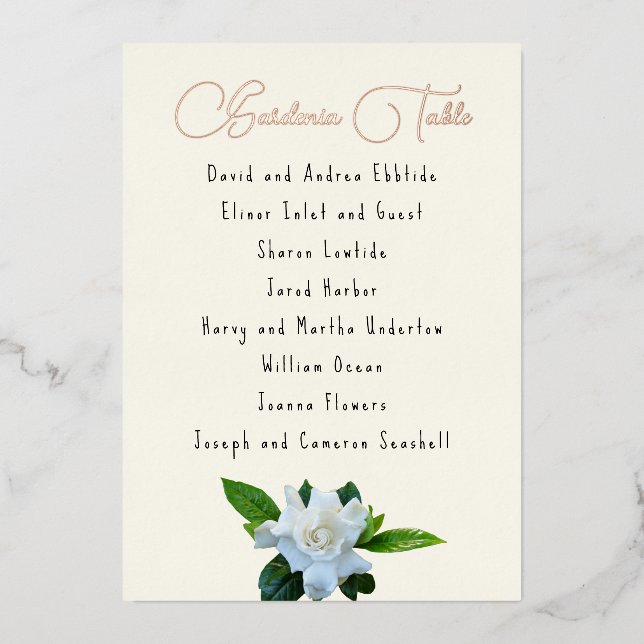 Gardenia Flowers Guest List Table Name Foil Cards (Front)