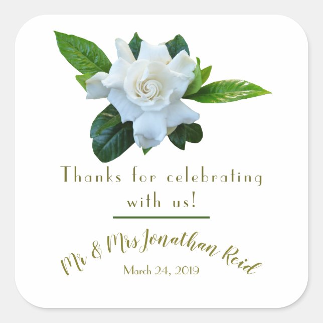 Gardenia Greenery Full Bloom Wedding Square Sticker (Front)