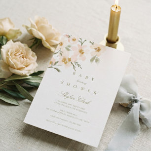 Gardenia Watercolor Floral Dusty Blue Baby Shower Invitation