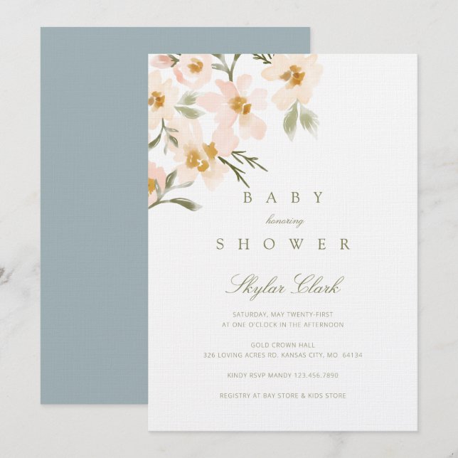 Gardenia Watercolor Floral Dusty Blue Baby Shower Invitation (Front/Back)