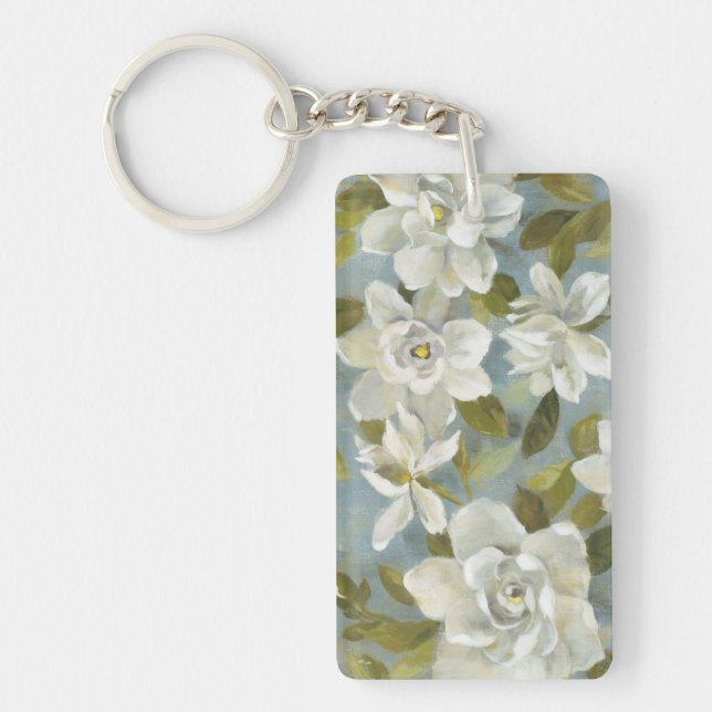 Gardenias on Slate Blue Key Ring (Front)