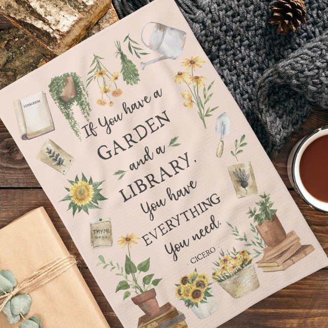Gardening and Library Quote Sunflower and Herbs Tea Towel (In situ Kitchen Table)