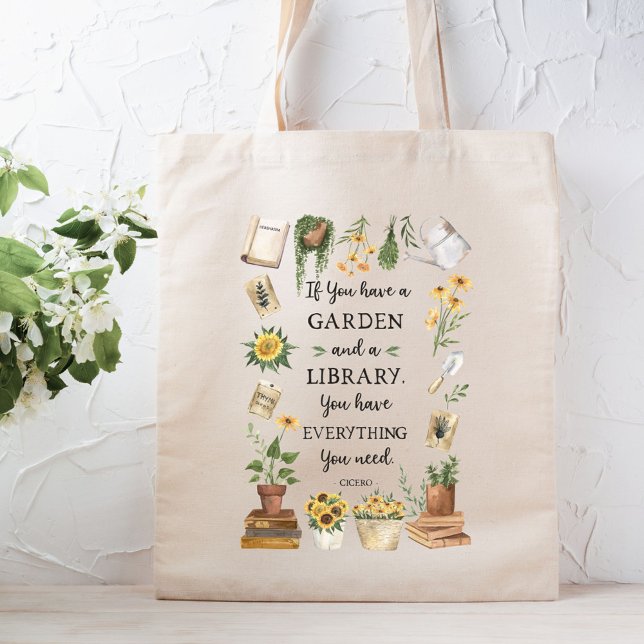 Gardening and Library Quote Sunflower and Herbs Tote Bag (In situ)