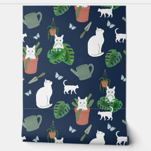 Gardening Cats White Kitty and Plants on Blue Wall