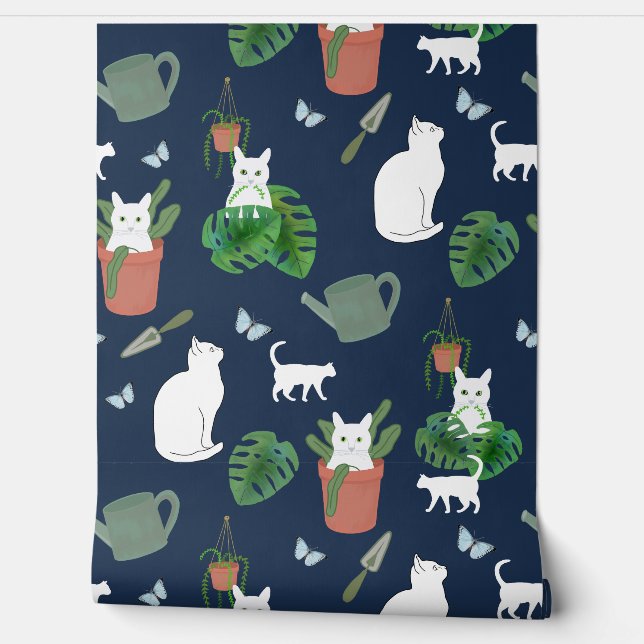 Gardening Cats White Kitty and Plants on Blue Wall (Unrolling)