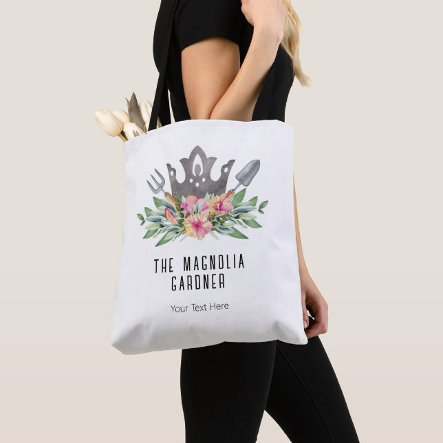 Gardening Crown Boho Chic Watercolor Tools Flowers Tote Bag (Close Up)
