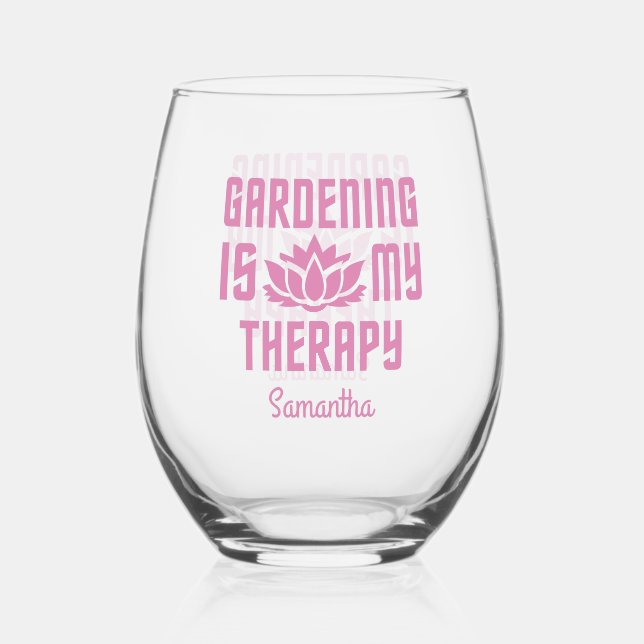 Gardening custom name & colour button stemless wine glass (Front)