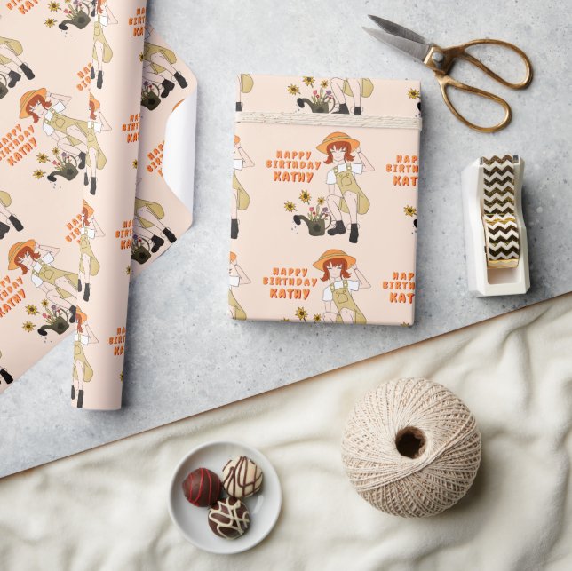 Gardening Girl with Sunflowers Happy Birthday Wrapping Paper (Crafts)