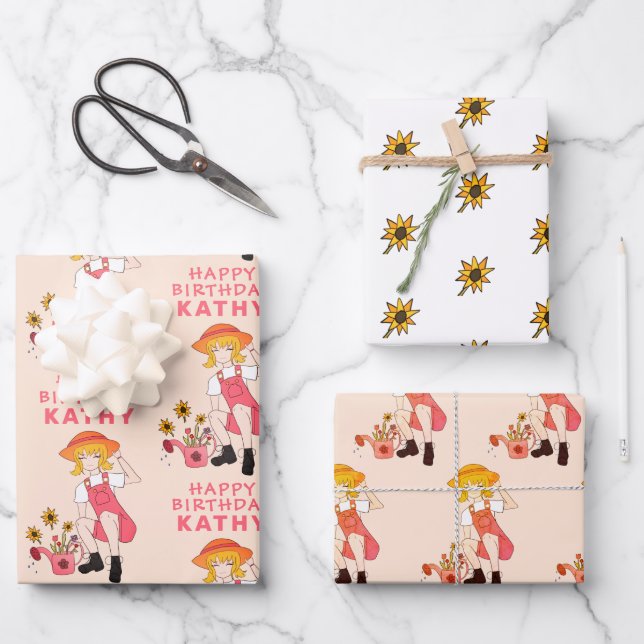 Gardening Girl with Sunflowers Happy Birthday  Wrapping Paper Sheet (Front)