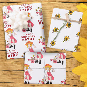 Gardening Girl with Sunflowers Happy Birthday Wrapping Paper Sheet