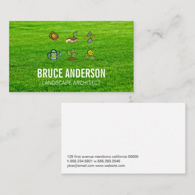 Gardening Icons | Cut Grass Background Business Card (Front/Back)