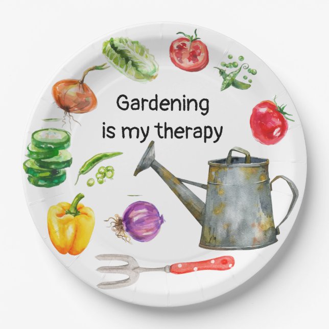 Gardening is my therapy vegetables  watering pot   paper plate (Front)