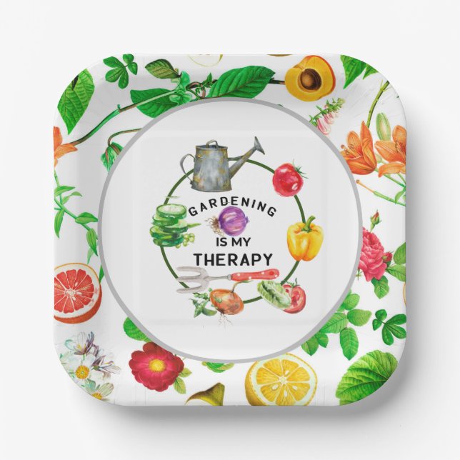 Gardening is my therapy vegetables  watering pot paper plate (Front)