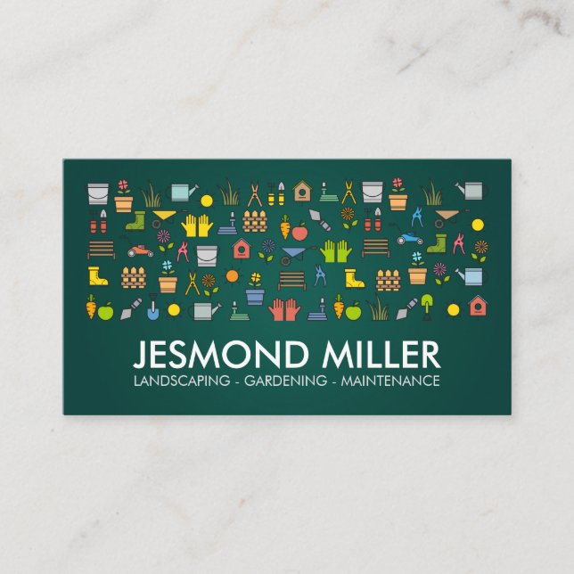 Gardening Services - colourful icons pattern Business Card (Front)