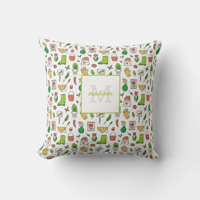 Gardening Tool Pattern Gardeners Monogram Initial Cushion (Front)