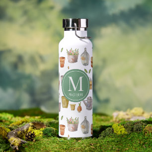 Gardening Tool Pattern Monogram Water Bottle